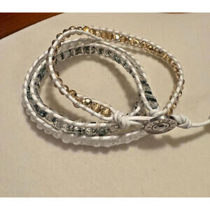 Victoria Emerson Wrap Bracelet White Leather with White Gold & Gray Aurora Beads